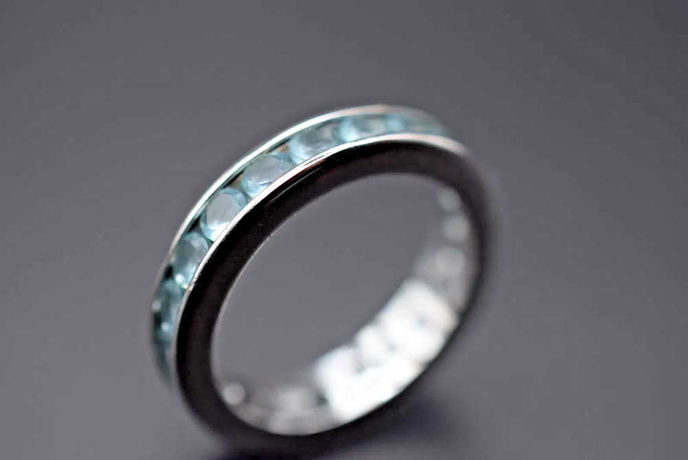 Sterling 925 Aqua CZ Channel Eternity Band Ring Size 6.75